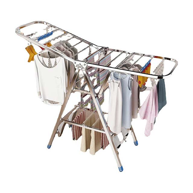 Stainless Steel Foldable Clothes Drying Rack - Wing-Shaped Multi-Rod Indoor Shelf for Baby Clothes and Balcony