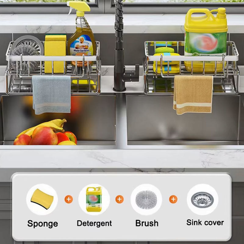 Support d'évier de cuisine en acier inoxydable – Égouttoir de cuisine multifonctionnel pour éponges, savon et torchons