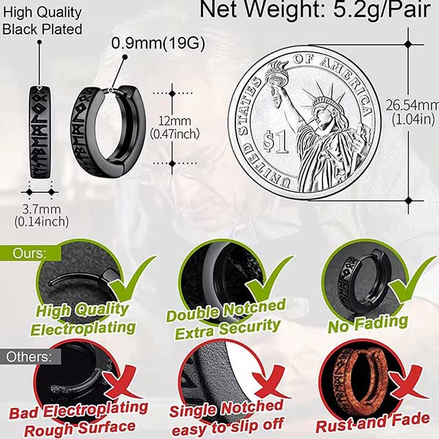 Stainless Steel Viking Rune Hoop Earrings – 12mm Huggie Earrings for Men & Women | Norse Unisex Jewelry