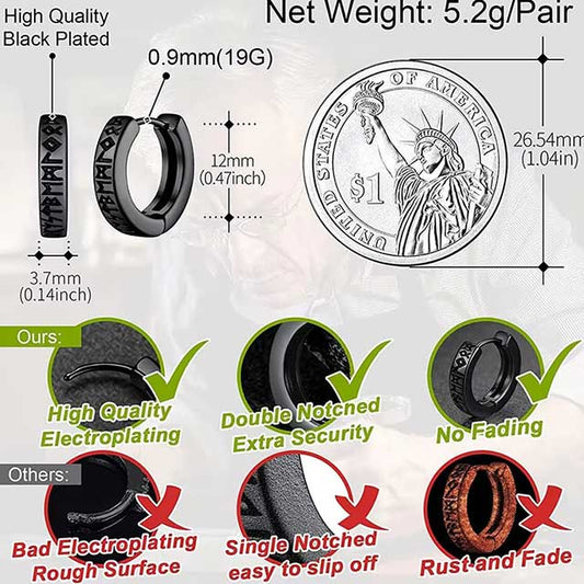 Stainless Steel Viking Rune Hoop Earrings – 12mm Huggie Earrings for Men & Women | Norse Unisex Jewelry