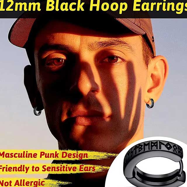 Stainless Steel Viking Rune Hoop Earrings – 12mm Huggie Earrings for Men & Women | Norse Unisex Jewelry