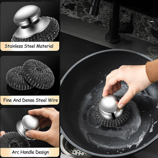 Stainless Steel Wool Scrubber with Ergonomic Handle | Heavy-Duty Cleaning Brush for Pots, Pans, and Grills