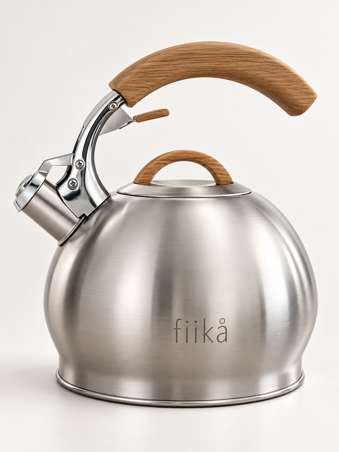 Fiikå Premium 2.5L Stainless Steel Whistling Kettle with Wood-Look Handle – Stovetop Tea & Water Kettle