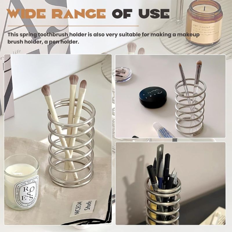 Stainless Steel Spring Toothbrush Holder – Minimalist Desktop Organizer for Bathroom & Dressing Table – Multifunctional Pen & Makeup Brush Stand (Silvery)