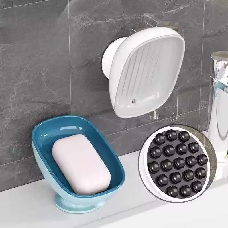 Porte-savon super ventouse avec drainage automatique – Support mural de savon de salle de bain et égouttoir à éponge de cuisine – Récipient à savon amovible sans perçage – Accessoires de salle de bain à forte ventouse (Blanc / Bleu)