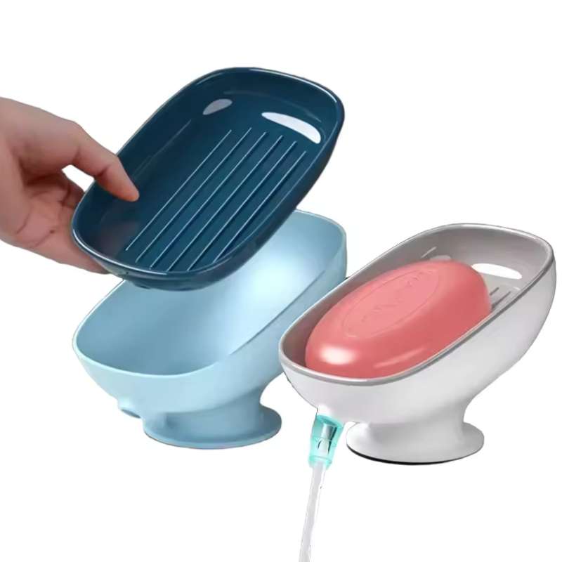 Porte-savon super ventouse avec drainage automatique – Support mural de savon de salle de bain et égouttoir à éponge de cuisine – Récipient à savon amovible sans perçage – Accessoires de salle de bain à forte ventouse (Blanc / Bleu)