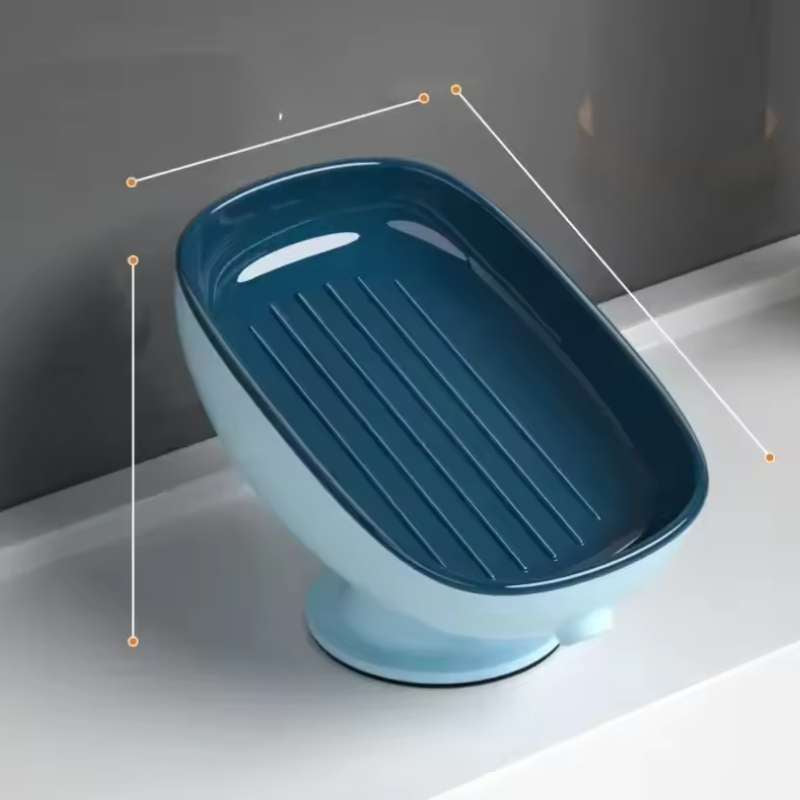 Porte-savon super ventouse avec drainage automatique – Support mural de savon de salle de bain et égouttoir à éponge de cuisine – Récipient à savon amovible sans perçage – Accessoires de salle de bain à forte ventouse (Blanc / Bleu)