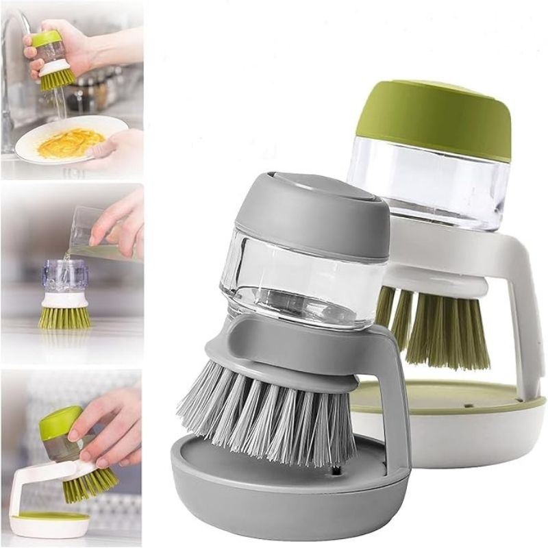 3-in-1 Multifunctional Press Cleaning Brush – Soap Dispensing Kitchen Dish Scrubber with Storage Stand – Ergonomic Round Palm Brush for Sinks, Pots, and Dishwashing – Grey & Green