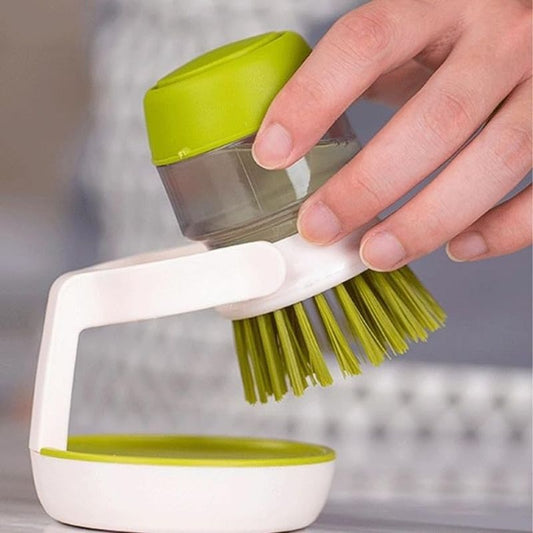 THJOPOKEEL 3-in-1 Multifunctional Press Cleaning Brush – Soap Dispensing Kitchen Dish Scrubber with Storage Stand – Ergonomic Round Palm Brush for Sinks, Pots, and Dishwashing – Grey & Green