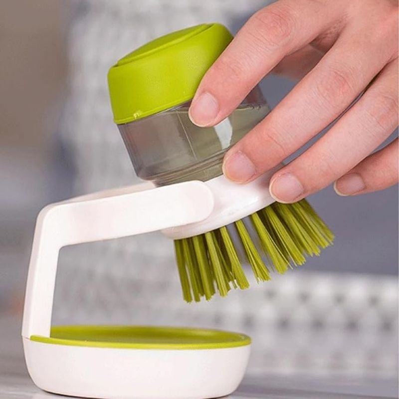 Brosse de nettoyage multifonctionnelle 3 en 1 – Brosse à vaisselle de cuisine avec distributeur de savon et support de rangement – Brosse ronde ergonomique pour éviers, casseroles et vaisselle – Gris et Vert