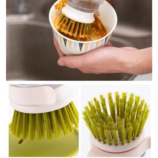 THJOPOKEEL 3-in-1 Multifunctional Press Cleaning Brush – Soap Dispensing Kitchen Dish Scrubber with Storage Stand – Ergonomic Round Palm Brush for Sinks, Pots, and Dishwashing – Grey & Green