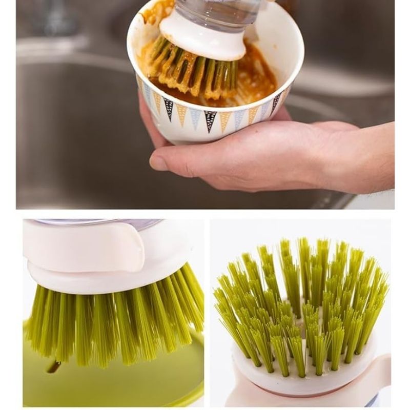 3-in-1 Multifunctional Press Cleaning Brush – Soap Dispensing Kitchen Dish Scrubber with Storage Stand – Ergonomic Round Palm Brush for Sinks, Pots, and Dishwashing – Grey & Green
