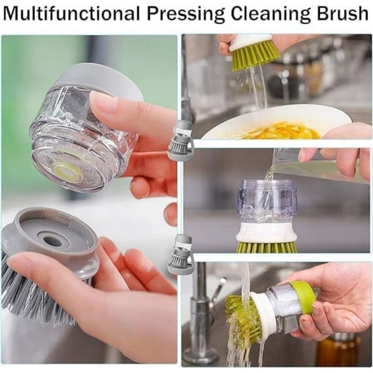 THJOPOKEEL 3-in-1 Multifunctional Press Cleaning Brush – Soap Dispensing Kitchen Dish Scrubber with Storage Stand – Ergonomic Round Palm Brush for Sinks, Pots, and Dishwashing – Grey & Green