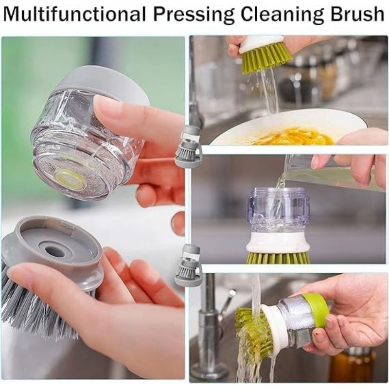 3-in-1 Multifunctional Press Cleaning Brush – Soap Dispensing Kitchen Dish Scrubber with Storage Stand – Ergonomic Round Palm Brush for Sinks, Pots, and Dishwashing – Grey & Green