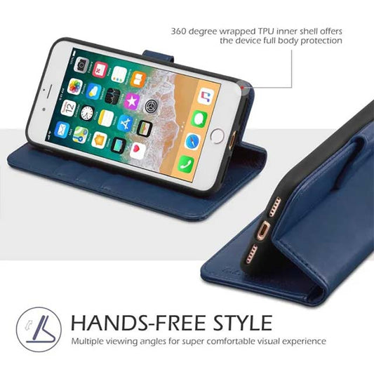 TUCCH Blue Leather Folio Wallet Case for iPhone 7/8 4.7" – Flip Cover with Kickstand, Magnetic Closure, TPU Inner Shell &amp; Card Slots
