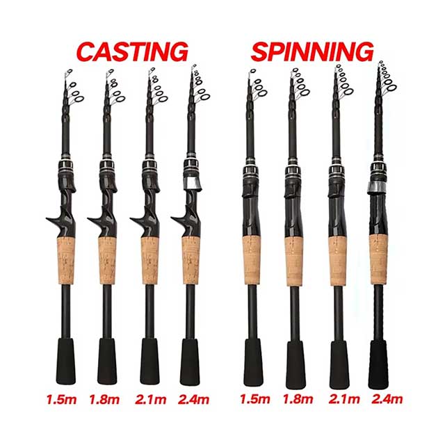 Telescopic Carbon Lure Fishing Rod – 1.5M–2.4M Spinning & Baitcasting Pole with Wooden Handle, 8g–25g Casting Tackle