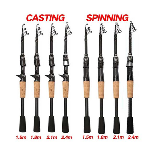 Telescopic Carbon Lure Fishing Rod – 1.5M–2.4M Spinning & Baitcasting Pole with Wooden Handle, 8g–25g Casting Tackle