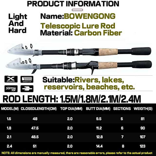 Telescopic Carbon Lure Fishing Rod – 1.5M–2.4M Spinning & Baitcasting Pole with Wooden Handle, 8g–25g Casting Tackle