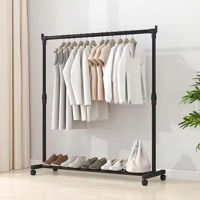 Heavy-Duty Telescopic Clothes Rack – Movable Metal Garment Hanger with Wheels for Bedroom Storage