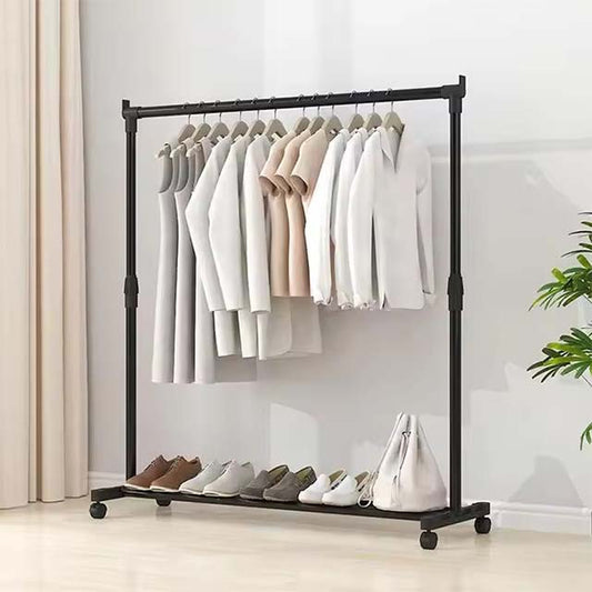 Heavy-Duty Telescopic Clothes Rack – Movable Metal Garment Hanger with Wheels for Bedroom Storage