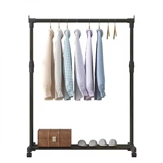 Heavy-Duty Telescopic Clothes Rack – Movable Metal Garment Hanger with Wheels for Bedroom Storage