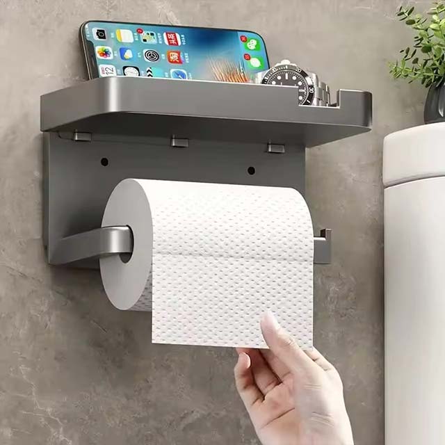Toilet Paper Holder with Plastic Storage Rack – Wall-Mounted Organizer for Kitchen Towels, Seasoning Bottles &amp; Bathroom Paper Roll, Phone Storage
