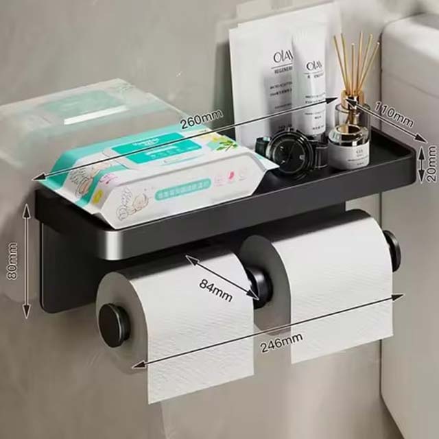 Toilet Paper Holder with Plastic Storage Rack – Wall-Mounted Organizer for Kitchen Towels, Seasoning Bottles &amp; Bathroom Paper Roll, Phone Storage