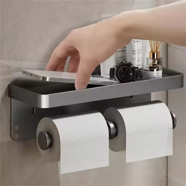 Toilet Paper Holder with Plastic Storage Rack – Wall-Mounted Organizer for Kitchen Towels, Seasoning Bottles &amp; Bathroom Paper Roll, Phone Storage
