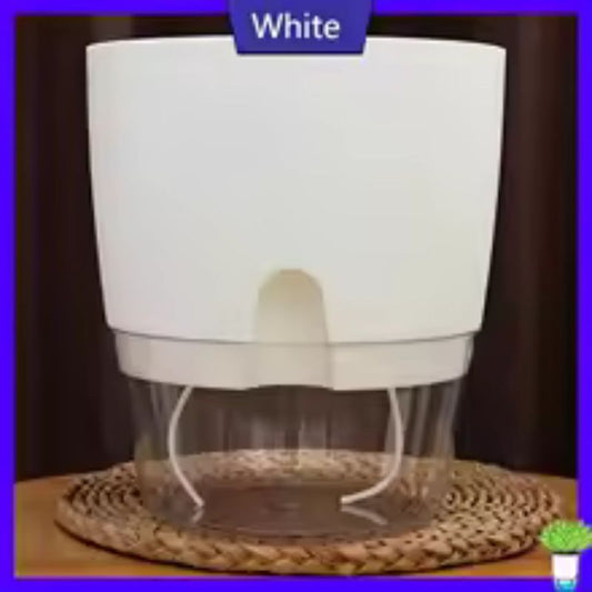 Transparent Double-Layer Self-Watering Flower Pot – Small Plastic Planter with Cotton Rope & Easy-Fill Injection Port (White / Gray)