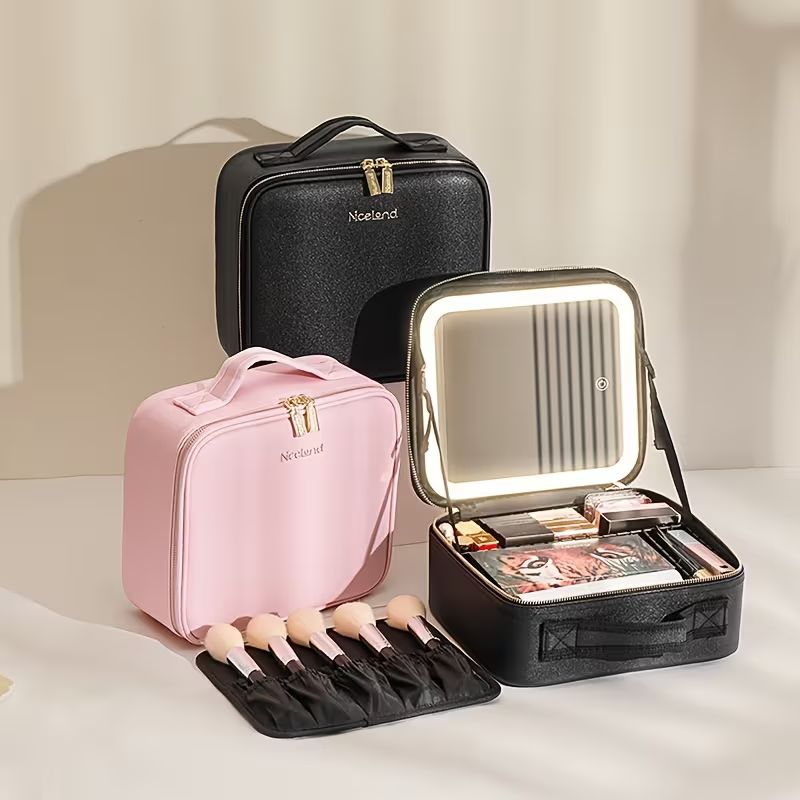 Travel Makeup Train Case with LED Lighted Mirror – Portable Cosmetic Organizer with 3 Color Lighting Modes – Waterproof PU Leather Vanity Box with Adjustable Dividers and 2000mAh Rechargeable Battery