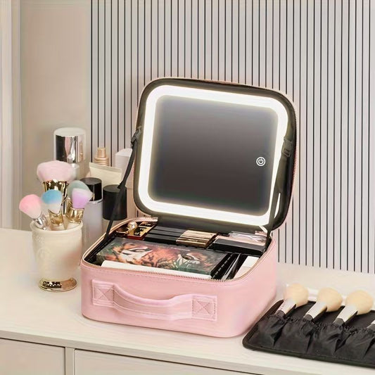 Travel Makeup Train Case with LED Lighted Mirror – Portable Cosmetic Organizer with 3 Color Lighting Modes – Waterproof PU Leather Vanity Box with Adjustable Dividers and 2000mAh Rechargeable Battery