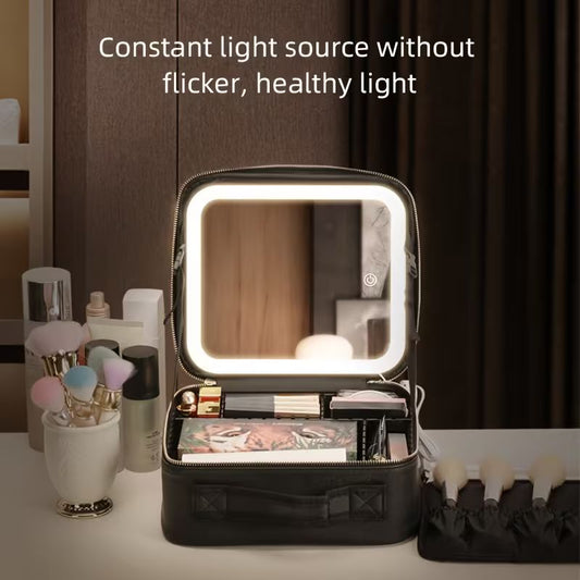 Travel Makeup Train Case with LED Lighted Mirror – Portable Cosmetic Organizer with 3 Color Lighting Modes – Waterproof PU Leather Vanity Box with Adjustable Dividers and 2000mAh Rechargeable Battery