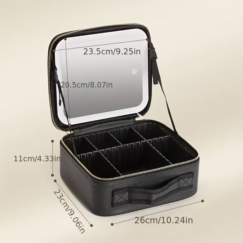 Travel Makeup Train Case with LED Lighted Mirror – Portable Cosmetic Organizer with 3 Color Lighting Modes – Waterproof PU Leather Vanity Box with Adjustable Dividers and 2000mAh Rechargeable Battery