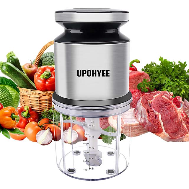 UPOHYEE 400 W Electric Meat Mincer with 4 Blades and 600 ml Stainless Steel Bowl- Electric Mini Blender Food Processor for Greens, Meat and Spices