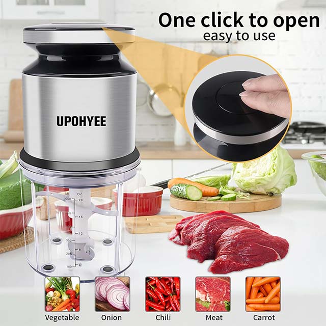 UPOHYEE 400 W Electric Meat Mincer with 4 Blades and 600 ml Stainless Steel Bowl- Electric Mini Blender Food Processor for Greens, Meat and Spices