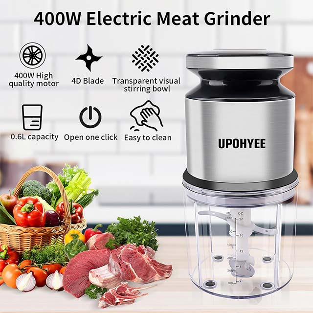 UPOHYEE 400 W Electric Meat Mincer with 4 Blades and 600 ml Stainless Steel Bowl- Electric Mini Blender Food Processor for Greens, Meat and Spices