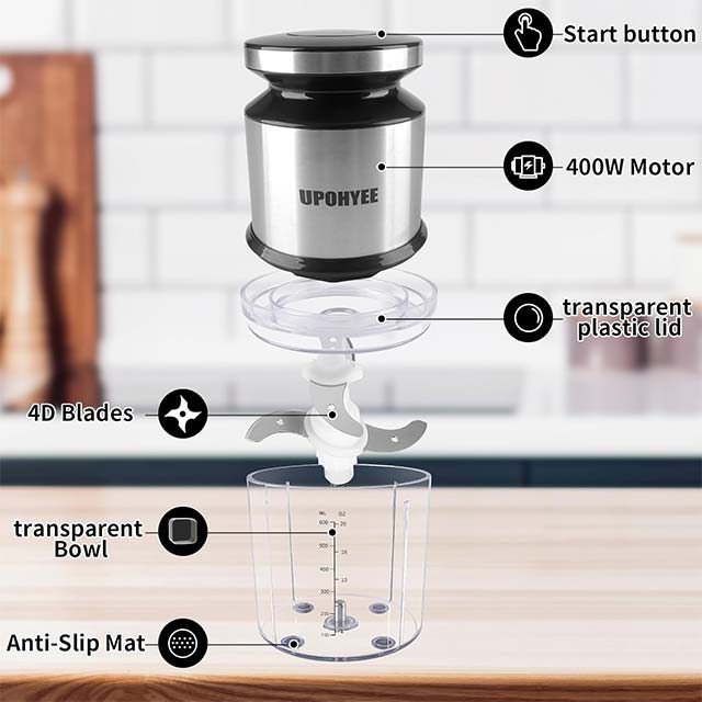 UPOHYEE 400 W Electric Meat Mincer with 4 Blades and 600 ml Stainless Steel Bowl- Electric Mini Blender Food Processor for Greens, Meat and Spices