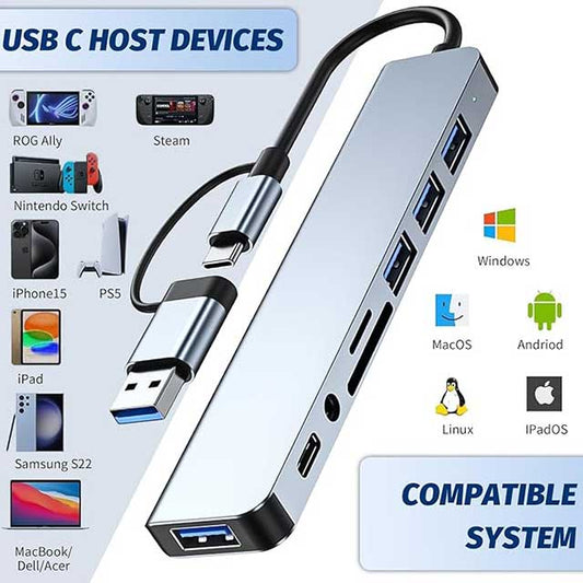 USB-C Hub 8-in-2 Multiport Adapter – USB 3.0/2.0 Ports, USB-C, SD/TF Card Reader, 3.5mm Audio Jack | USB Splitter Compatible with MacBook Air/Pro, iPad, Galaxy & More