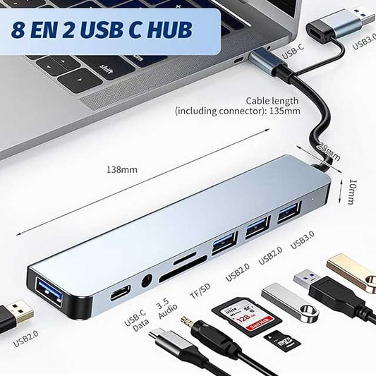USB-C Hub 8-in-2 Multiport Adapter – USB 3.0/2.0 Ports, USB-C, SD/TF Card Reader, 3.5mm Audio Jack | USB Splitter Compatible with MacBook Air/Pro, iPad, Galaxy & More