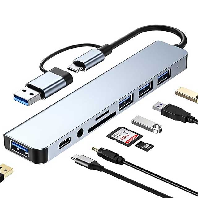 USB-C Hub 8-in-2 Multiport Adapter – USB 3.0/2.0 Ports, USB-C, SD/TF Card Reader, 3.5mm Audio Jack | USB Splitter Compatible with MacBook Air/Pro, iPad, Galaxy & More