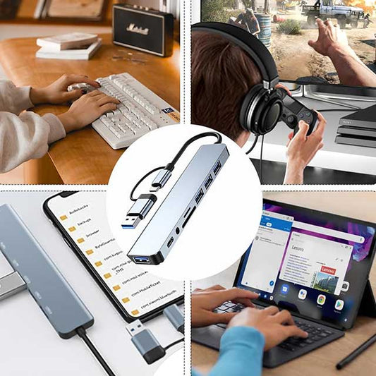 USB-C Hub 8-in-2 Multiport Adapter – USB 3.0/2.0 Ports, USB-C, SD/TF Card Reader, 3.5mm Audio Jack | USB Splitter Compatible with MacBook Air/Pro, iPad, Galaxy & More