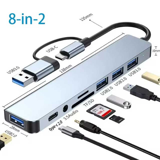 USB-C Hub 8-in-2 Multiport Adapter – USB 3.0/2.0 Ports, USB-C, SD/TF Card Reader, 3.5mm Audio Jack | USB Splitter Compatible with MacBook Air/Pro, iPad, Galaxy & More