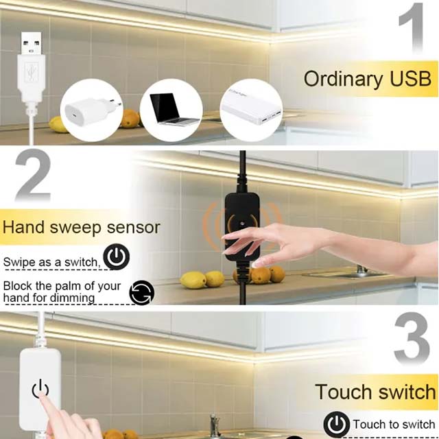 USB LED Strip with Sensor - Waving/Touch Switch Flex 5V Waterproof Tape Smart Lights Strips for Room, Bed, TV Backlight White 1-5M - Hand Sweep Sensor - Cold White