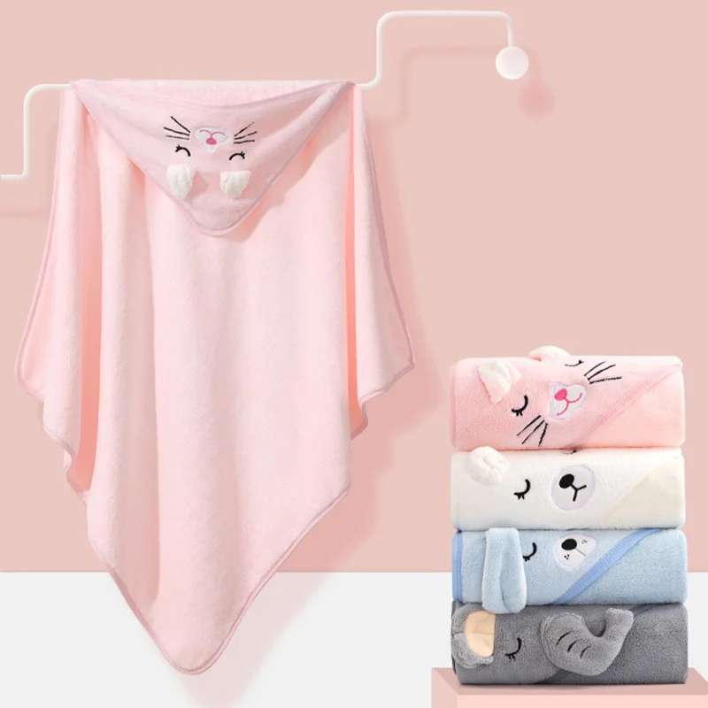 Ultra-Soft Cartoon Animal Hooded Baby Towel – Premium Newborn Bath Blanket & Toddler Bathrobe – Extra Warm Sleeping Swaddle Wrap – Absorbent & Skin-Friendly for Boys and Girls (Pink / Blue / Gray / White)