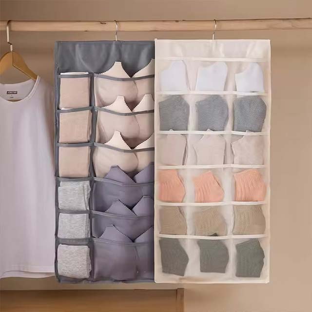 Foldable Hanging Underwear Organizer with Mesh Pockets – Non-Woven Fabric Closet Storage for Bras, Socks &amp; More