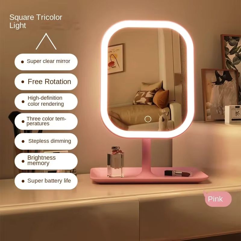 Miroir de Maquillage LED Designer Unique – Éclairage Dimmable 3 Couleurs & Contrôle Tactile – Miroir de Coiffeuse de Bureau Moderne pour Chambre & Vanity – Miroir en Verre Illuminé Haute Définition (Blanc/Rose)