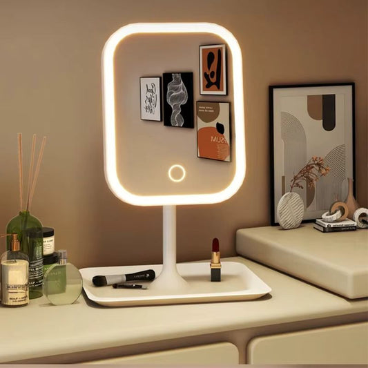 Unique Designer LED Vanity Makeup Mirror – 3-Color Dimmable Lighting & Touch Control – Modern Desktop Dressing Mirror for Bedroom & Vanity – High-Definition Illuminated Glass Mirror (White/Pink)