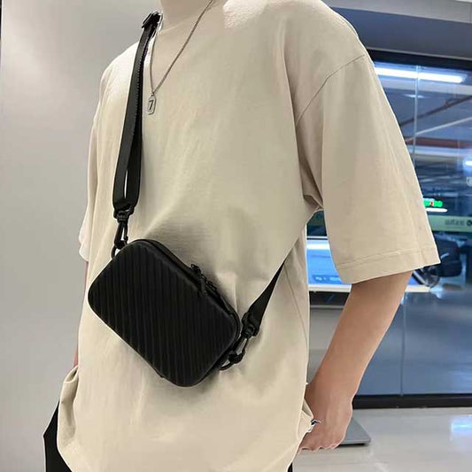 Unisex Box Shoulder Bag – Simple Lightweight PU Leather Crossbody with Diagonal Stripes for Men & Women