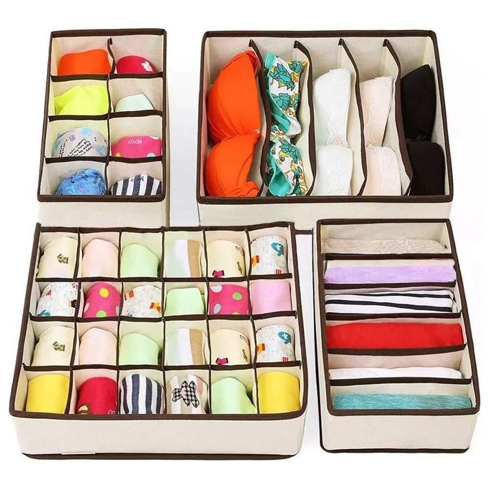4-Piece Underwear Storage Organizer Set – 24 Cell, 8 Cell & 7 Cell Foldable Drawer Organizers for Socks, Bras, Scarves & Accessories
