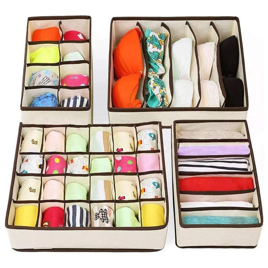 4-Piece Underwear Storage Organizer Set – 24 Cell, 8 Cell & 7 Cell Foldable Drawer Organizers for Socks, Bras, Scarves & Accessories